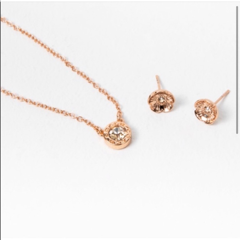 COACH Round Circle Necklace and Tea Rose Stud Earrings Set - Picture 4 of 14